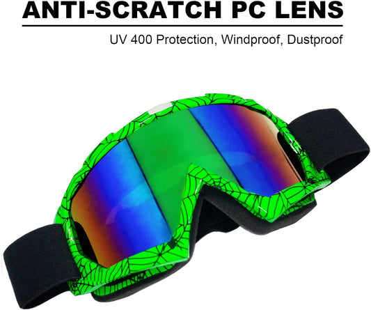 CoPvner Dirt Bike Motorcycle Goggles ATV Motocross Riding Goggles UV400 OTG Offroad MX Helmet Racing Four Wheeler Goggle for Adults Men Women Youth Kids(Spider green frame+color lens) - PuriLite