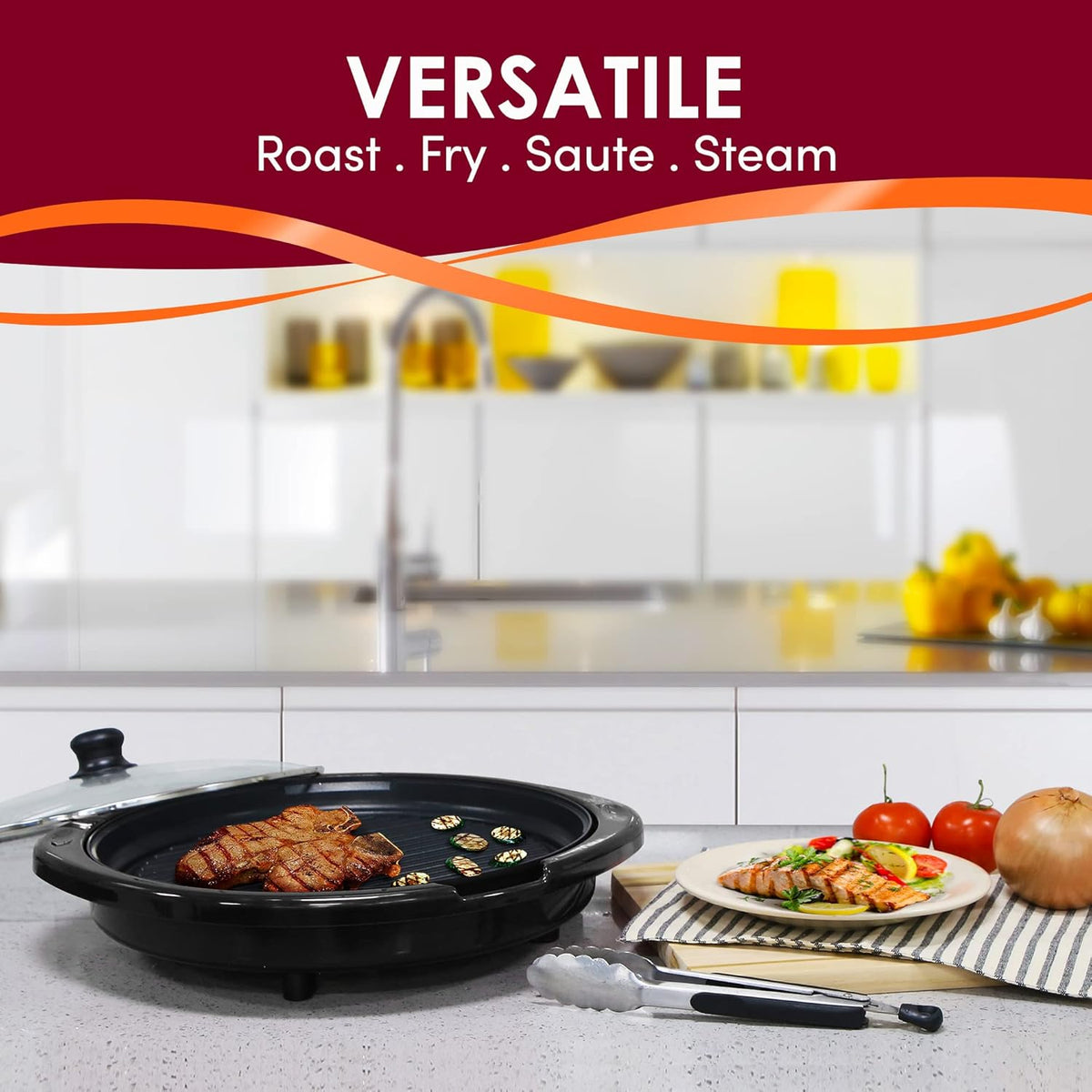 Elite Gourmet EMG6505G Smokeless Indoor Electric BBQ Grill with Glass Lid, Dishwasher Safe, PFOA-Free Nonstick, AdjCatable Temperature, Fast Heat Up, Low-Fat Meals Easy to Clean Design - PuriLite