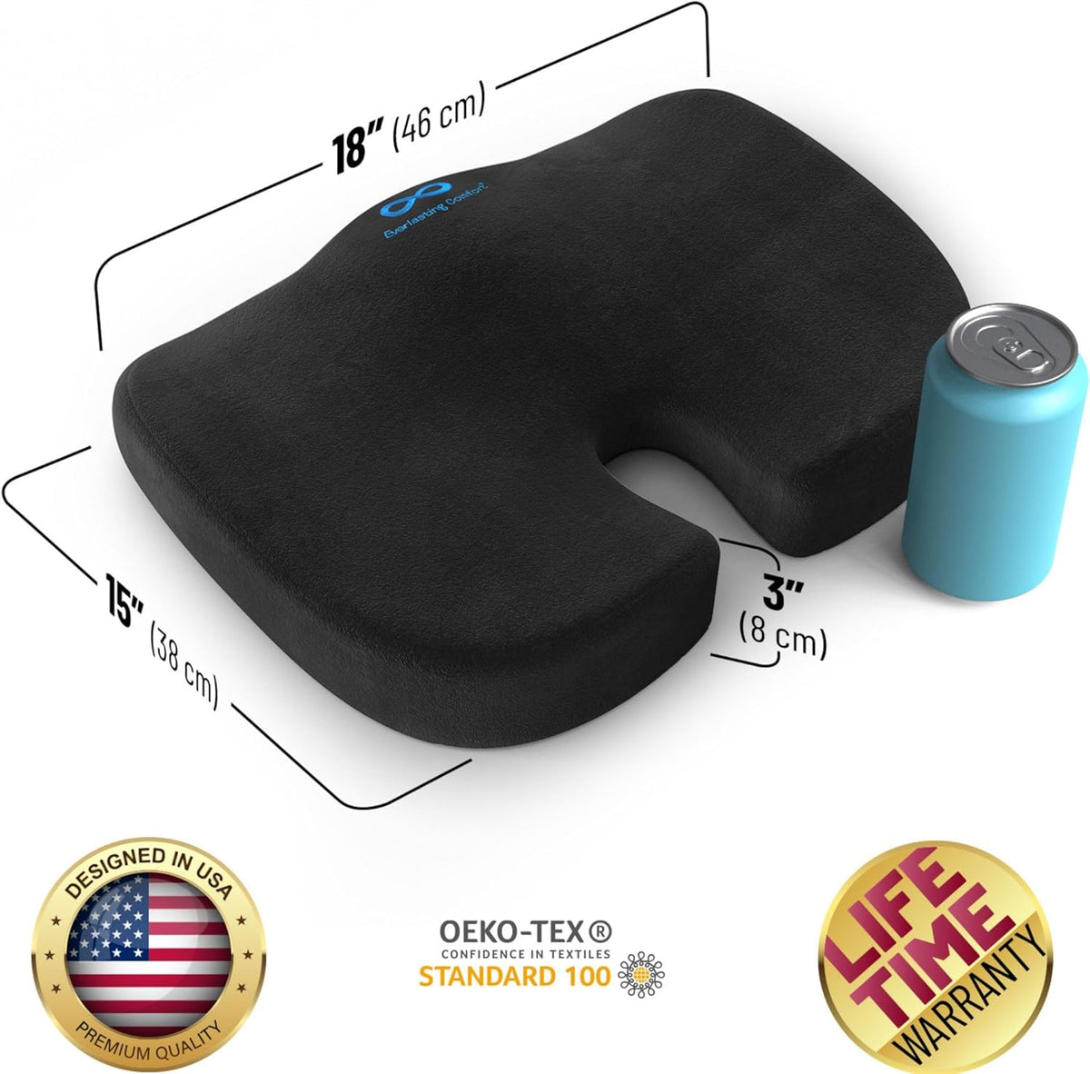 Everlasting Comfort Memory Foam Seat Cushion - Office Chair Cushion for Work, Travel, Car Support Pillow for Driving - Portable Seat for Chairs and Desks - Coussin Chaise - Black - PuriLite