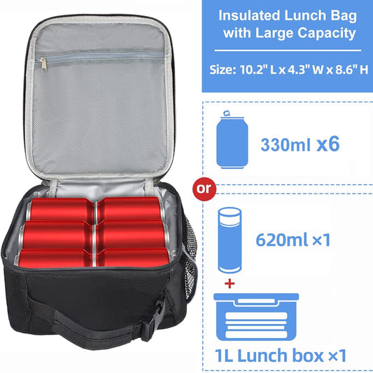Insulated Lunch Bag, Leakproof Portable Lunch Box for Women Men Boys Girls, Large Capacity Cooler Bag with Handle and Bottle Pocket for Office School Camping Hiking Outdoor Beach Picnic (Black) - PuriLite