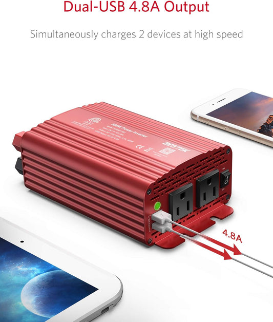 BESTEK 500W Power Inverter DC 12V to 110V AC Converter with Alligator Battery Clamp 4.8A Dual USB Car Charger ETL Listed - PuriLite