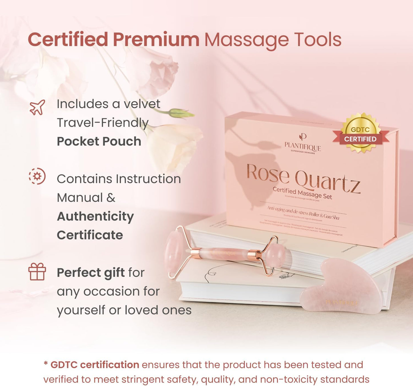 Plantifique Rose Quartz Gua Sha Facial Tool and Face Roller Set - Anti Aging Guasha Tool for Face, Eyes, Neck Massager for Lymphatic Drainage - Rouleau Visage