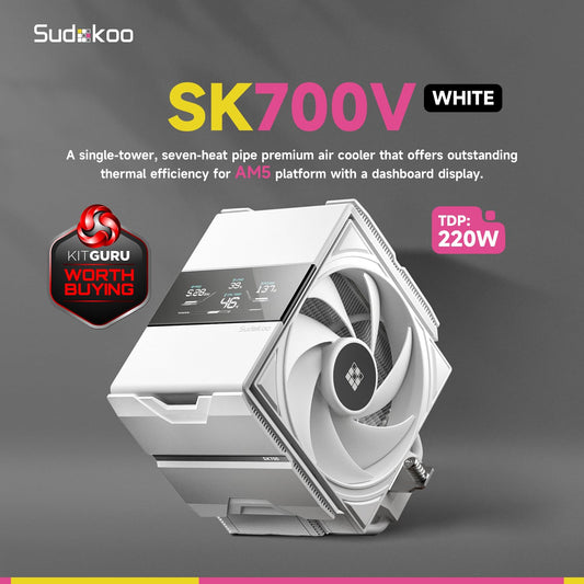 Sudokoo SK700V White AM5 CPU Cooler : 7 Heatpipes CPU Air Cooler with Digital Display for AM5 Exclusive - Single Tower PC Cooling with 120mm FDB PWM Quiet Fan & L-Rail Lock Mount - PuriLite