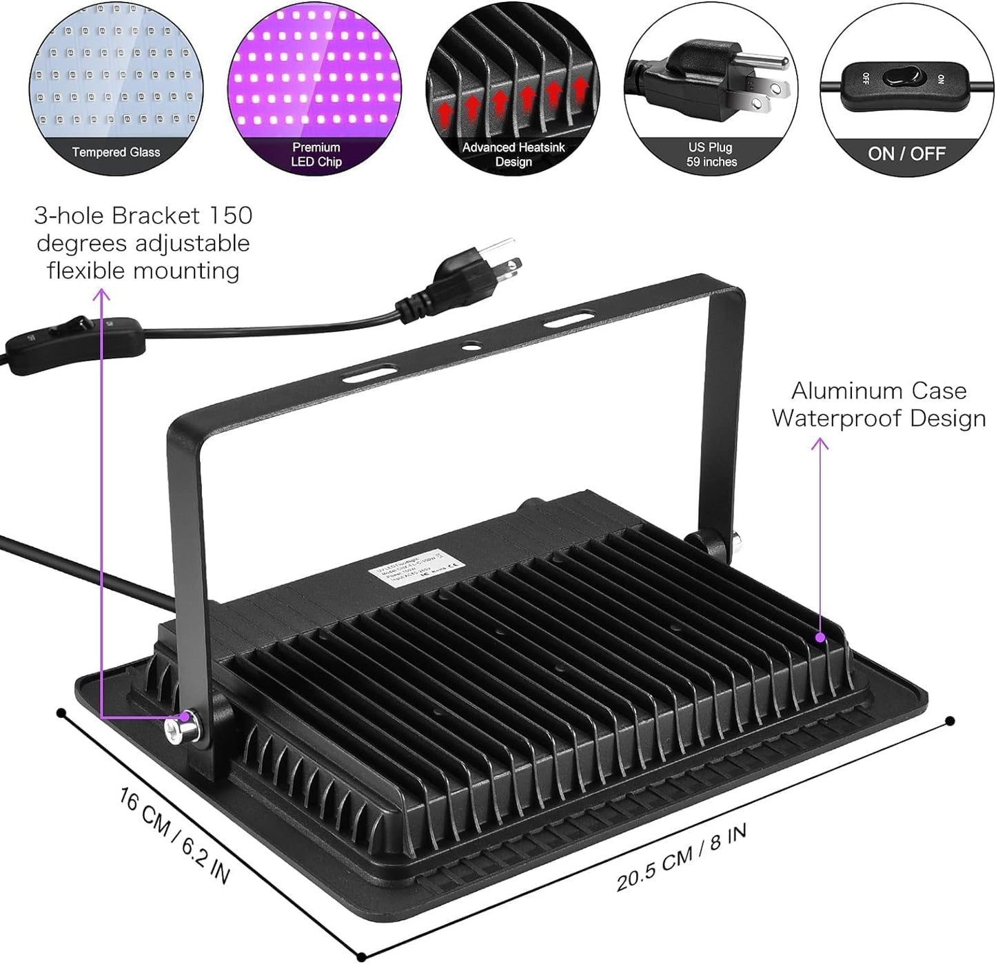 YANYCN - 4 Pack 100W Black LED Lights,Black Light with Plug and Switch,IP66 Waterproof Black Light 120V AC for Halloween Party,Glow in the Dark,Stage Light,Painting - PuriLite