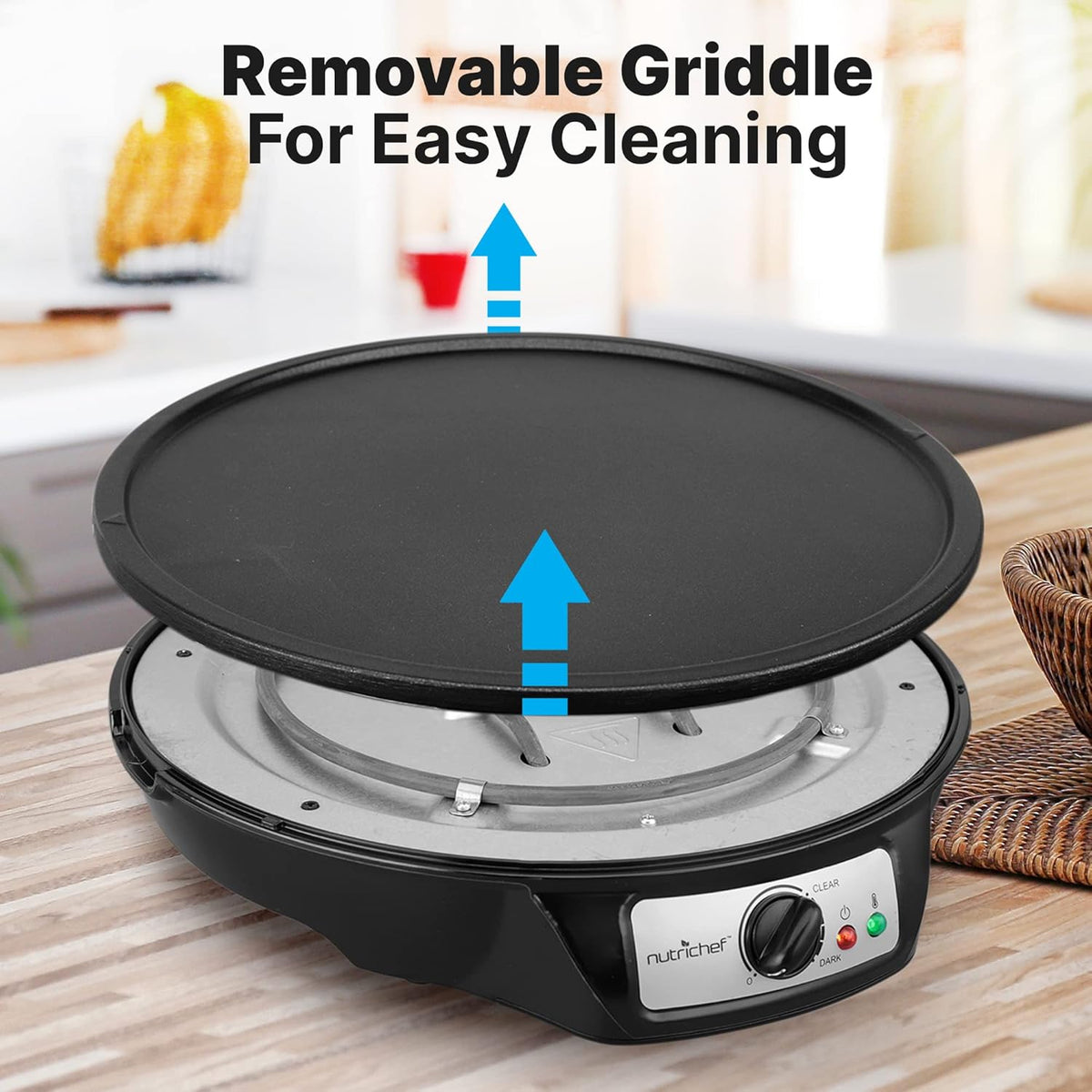 NutriChef Electric Crepe Maker, Cooks Roti, Tortillas, Pancakes, Nonstick Cooktop, 8-inch Cook Area On/Off Switch, Automatic Temperature Control & Cool Touch Handle, Includes Food Bowl, Whisk, Spatula - PuriLite