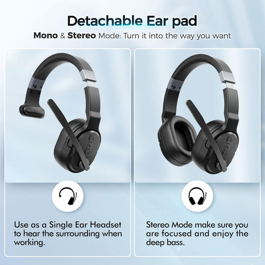 Trucker Bluetooth Headset, Wireless Headsets with Noise Cancelling Microphone, 40+Hrs HD Talktime Bluetooth Headphones with Detachable Earpad/Single+Dual Mode for Office/Driving/Home - PuriLite