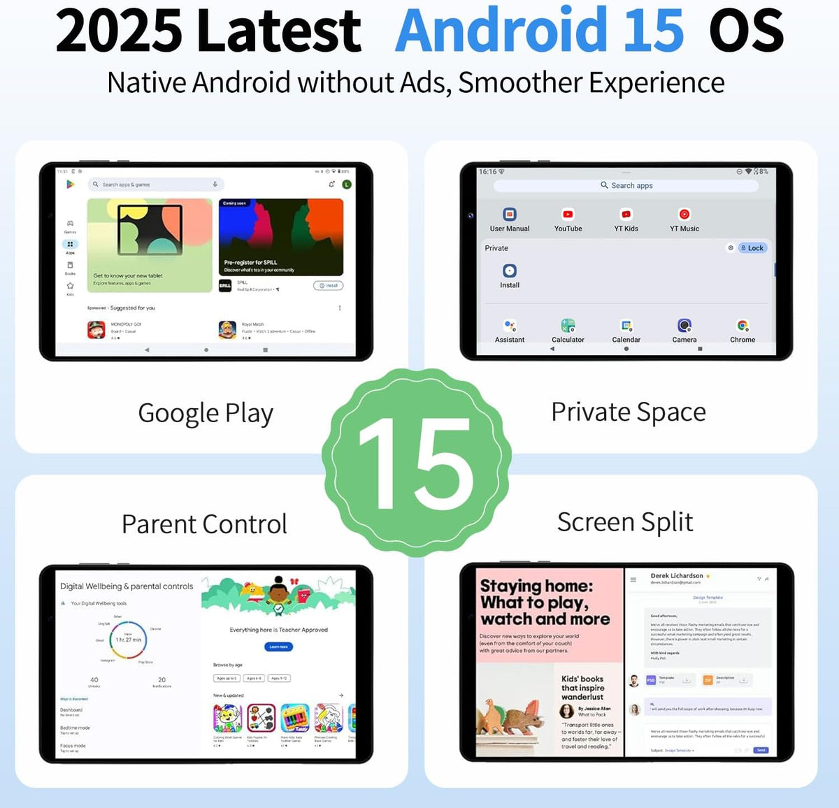 2025 Topsand Android 15 Tablet 8 inch Tablet, Octa-Core Processor, 12GB RAM 64GB ROM 2TB Expandable, 1280 * 800 IPS HD Screen, WiFi6, BT5.4, Widevine L1, 5MP+8MP Dual Camera - PuriLite