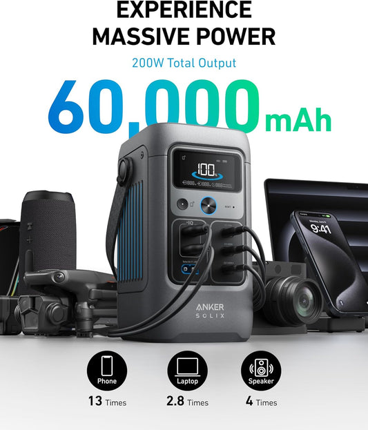 Anker SOLIX Power Bank Station C200 DC, 192Wh Portable Power Station, LiFePO4 Battery, 200W Solar Generator, for Outdoor Camping, Traveling, and Emergencies (No Wall Charger Included) - PuriLite