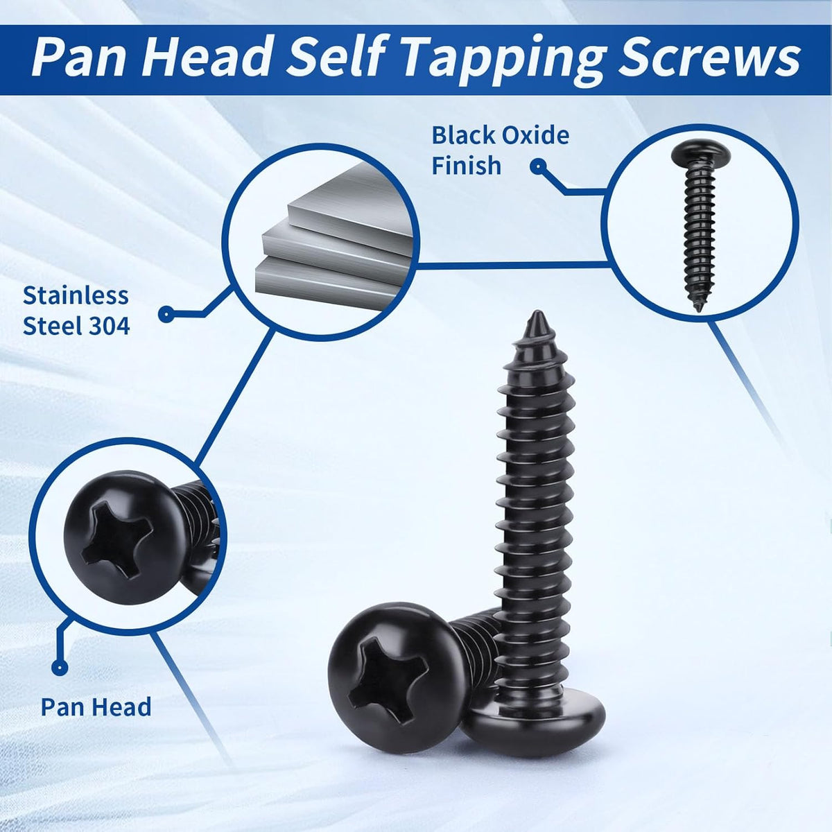 #8 x 2 Phillips Pan Head Self Tapping Screws Sheet Metal Wood Screws, Black Oxide, Stainless Steel 304, 50 PCS - PuriLite