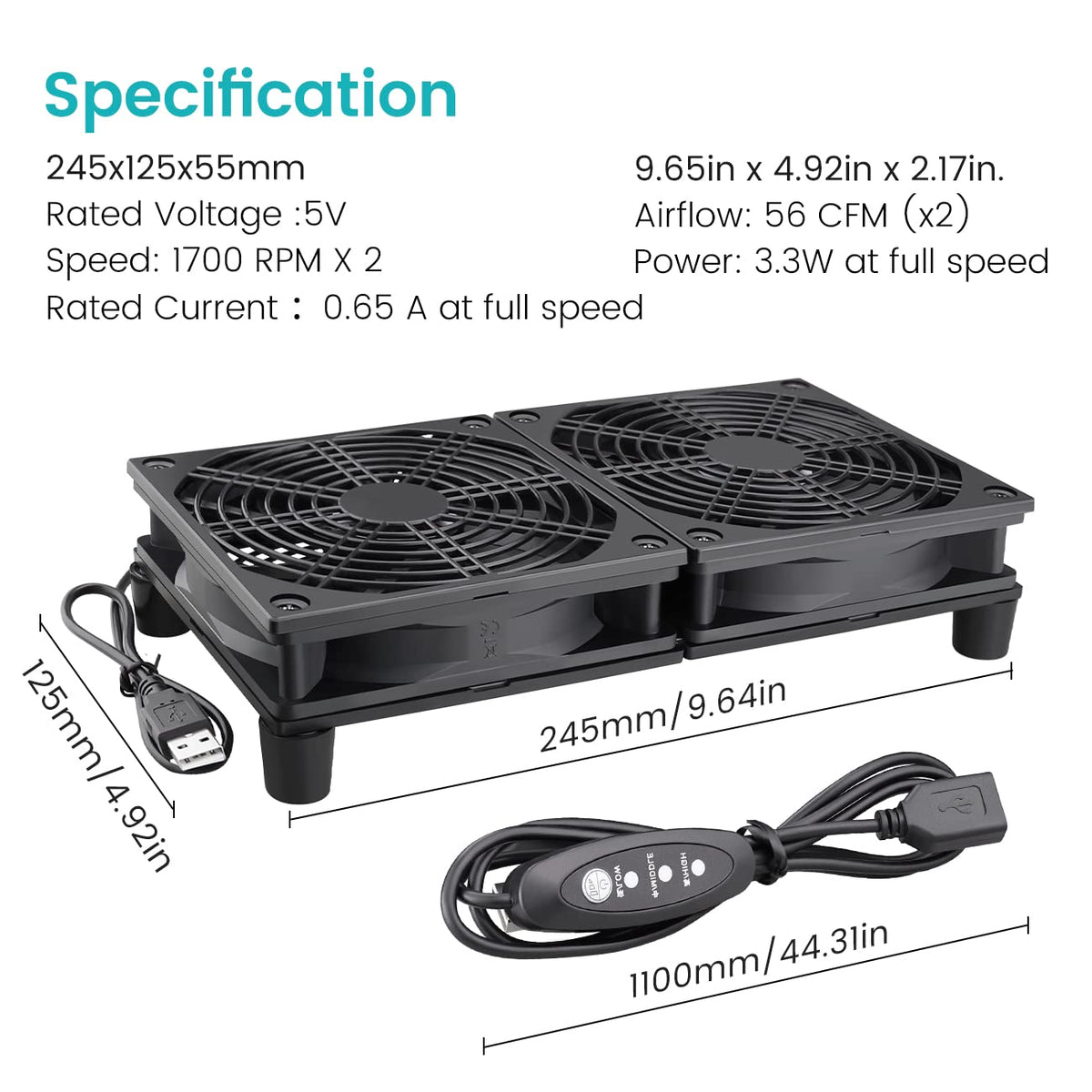 Wathai High Airflow Router Cooling Fan for Computer Cooler TV Small Box DC 5V USB Power 120mm 240mm Fan with Multi Speed Controller - PuriLite