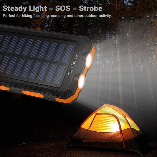 Solar Charger Solar Power Bank 20000mAh Waterproof Portable External Backup Outdoor Cell Phone Battery Charger with Dual LED Flashlights Solar Panel for all Cellphones (Black & Orange) - PuriLite