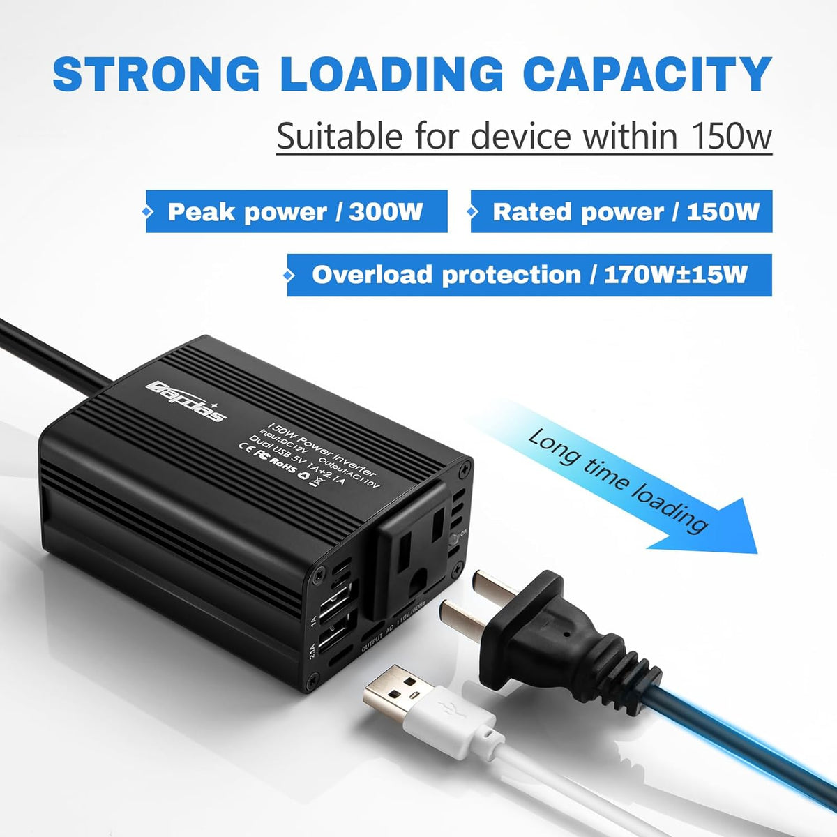 Bapdas 150W Car Power Inverter with 1 DC 12V to 110V AC Outlet Converter and 2 USB Ports Auto Charger Adapter for Laptops and Smartphones-Black - PuriLite
