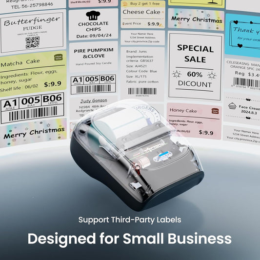 Bluetooth Thermal Label Maker Printer, Portable Mini Sticker and Barcode Printer with Included Label Roll for Home and Office - PuriLite