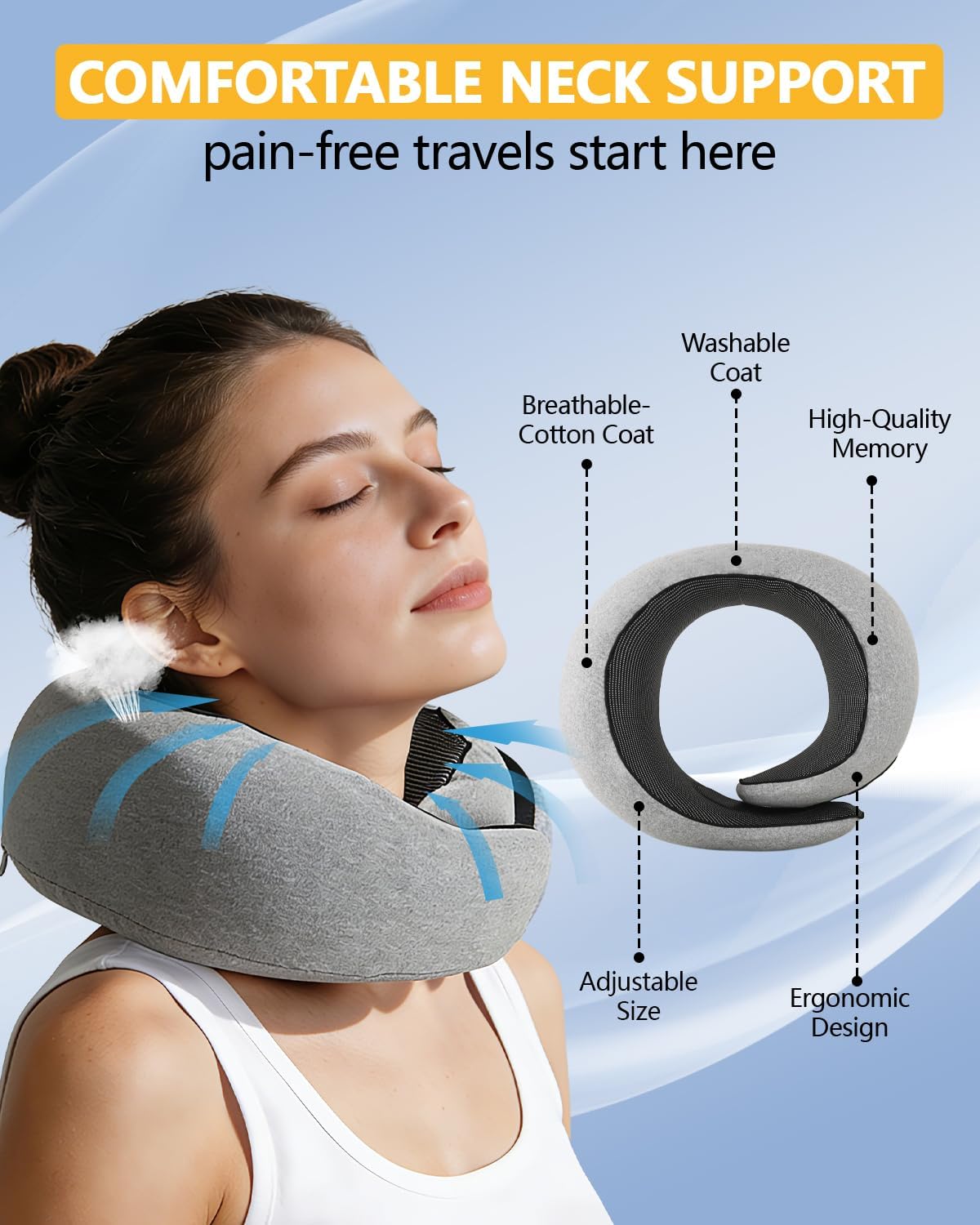 Memory Foam Travel Neck Pillow for Airplane & Car(Soft Grey)