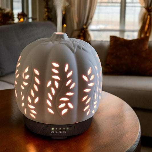 Earnest Living Essential Oil Diffuser White Pumpkin Ceramic Diffuser 250 ml Timers Night Lights and Auto Off Function Home Office Humidifier Aromatherapy Diffusers for Essential Oils Halloween - PuriLite