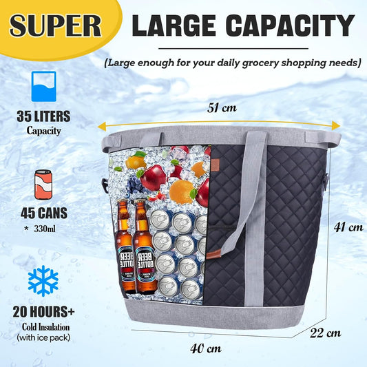 INSMEER Extra Large Tote Cooler Bags - 45 Cans/35L, Collapsible Soft Side Cooler with Shoulder Strap, Leakproof/Waterproof/Insulated/Reusable Grocery Bag for Beach, Camping, Travel, Grocery Shopping - PuriLite