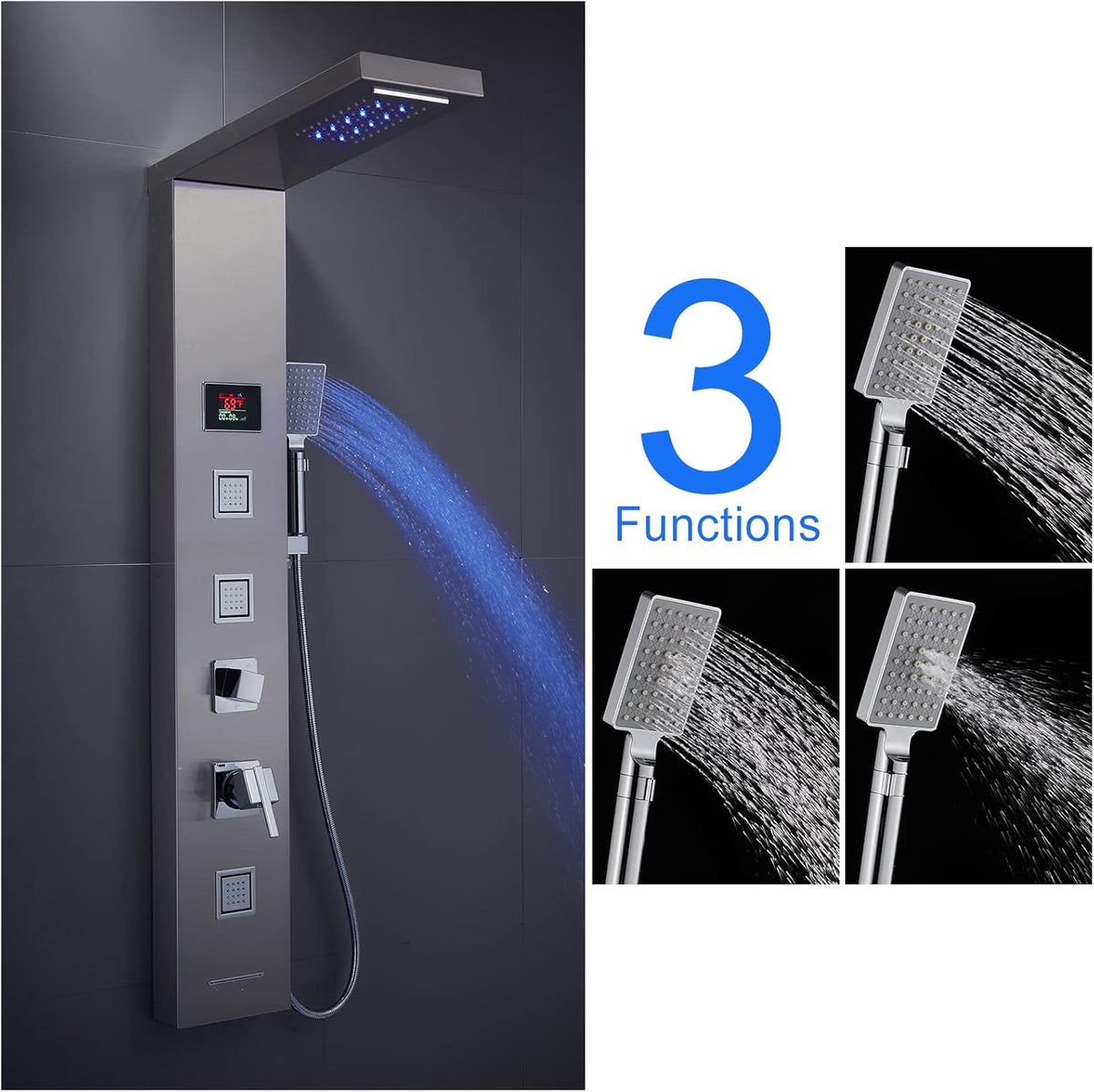 LED Shower Panel Tower System Black, MENATT 304 Stainless Steel 5-Function Shower Panel Rainfall Waterfall Shower Rain Massage System with Body Jets - PuriLite