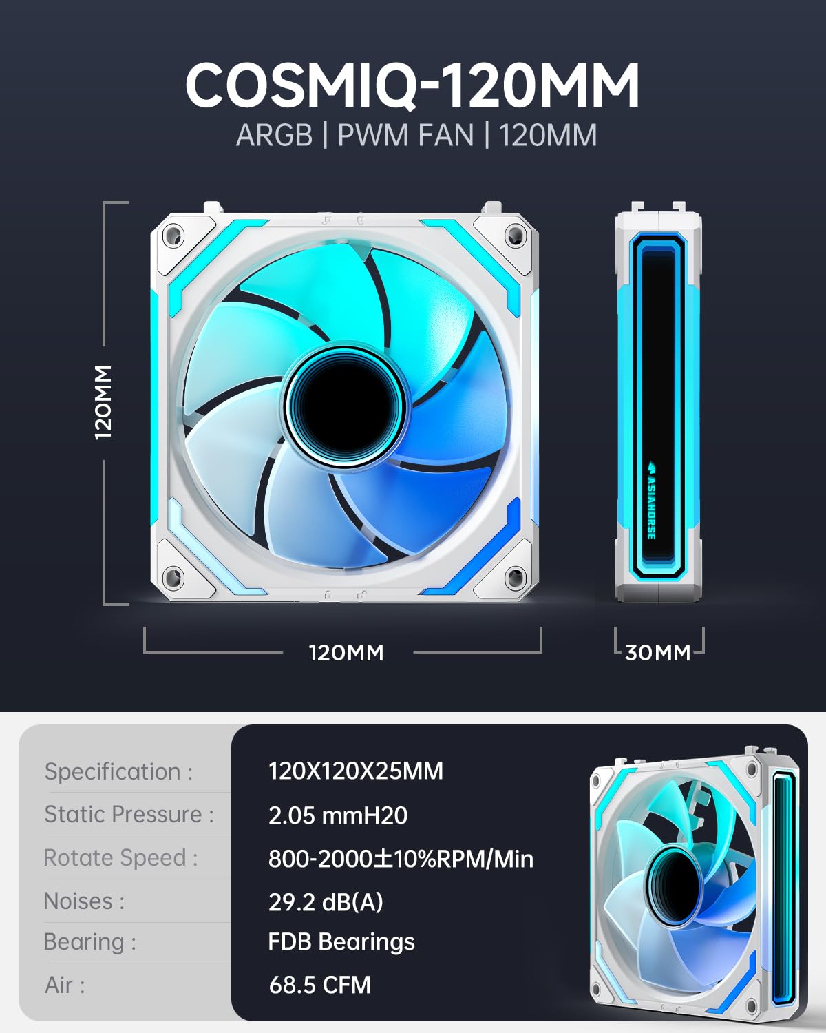AsiaHorse COSMIQ-Black 120mm PC RGB Fans, 5V 3-PIN Connector Daisy Chain FDB PWM Computer Case Fans with RGB Controller for Cases CPU Liquid Coolers, 3Pack (Black) (White, 3_Pack_Forward_Blade) - PuriLite