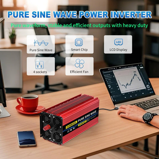 SUNWHEEL 4000W Pure Sine Wave Inverter, 12V DC to 110V/120V AC Power Inverter for RV、Microwave、Off Grid、Truck、Refrigerator、Air Conditioner with 4 AC outlets and LCD Display - PuriLite