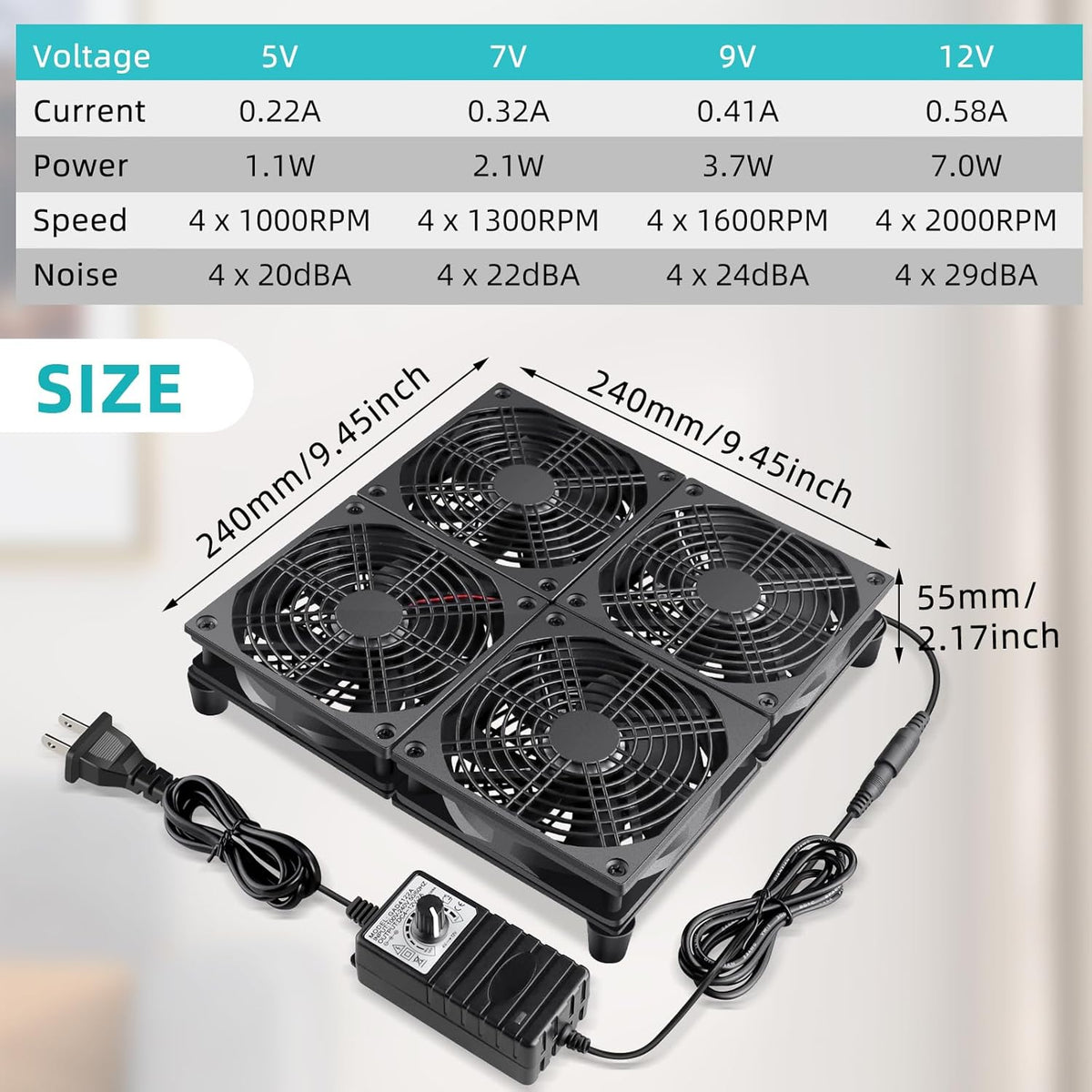 Wathai High Airflow Router Cooling Fan for Computer Cooler TV Small Box DC 5V USB Power 120mm 240mm Fan with Multi Speed Controller - PuriLite