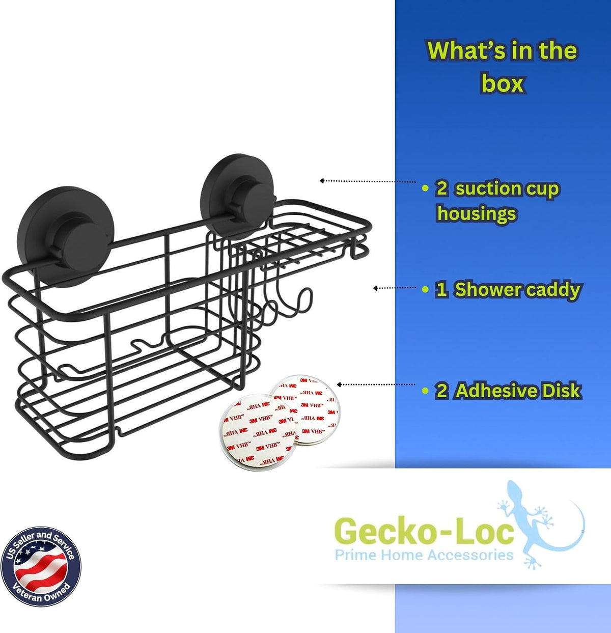 Gecko-Loc Suction Cup Shower Caddy Bath Organizer - Bathroom Storage Basket (Black, Combo)