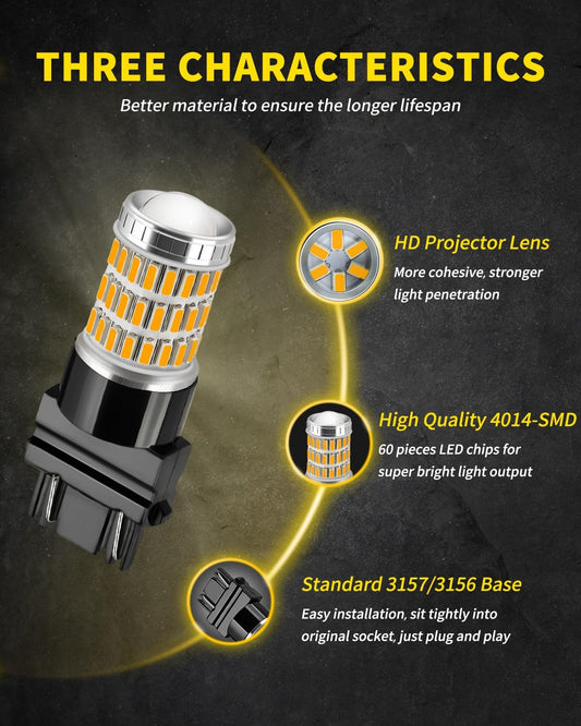 AUXLIGHT 3157 3156 4157 3057 3357 LED Bulbs, Ultra Bright 60-SMD LED Replacement for Turn Signal Blinker Lights, Brake/Tail Lights, Parking/Running Lights, Amber Yellow (Pack of 2) - PuriLite