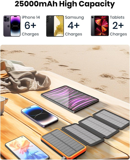 FEELLE Solar Charger Power Bank - 25000mAh Portable Phone Charger 3A Fast Charging External Battery Pack with 4 Solar Panels for Phone Outdoor Camping Orange - PuriLite