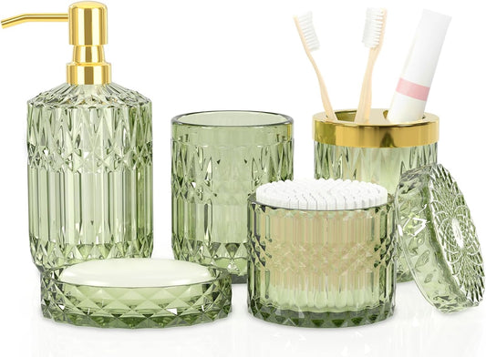Premium Green Glass Bathroom Accessories Set (5PCS), Glass Soap Dispenser Set with Rust Proof Stainless Steel Pump, Elegant Modern Bathroom Decor Set, Gift for Valentines Day, Birthday or Housewarming - PuriLite
