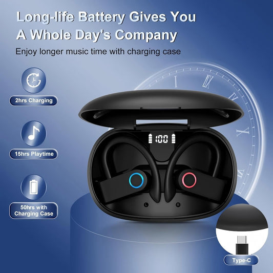Wireless Earhooked Earbuds Bluetooth Headphones with IPX6 Waterproof,50H Playtime HiFi Stereo & Battery Display Case & Comfort Fit in-Ear Earphones for Workout/Running/Sport - PuriLite