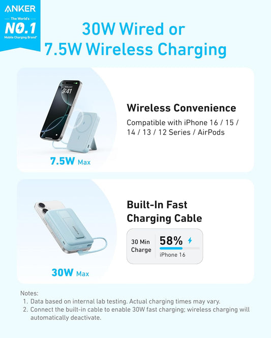 Anker Zolo Magnetic Power Bank, 10,000mAh Wireless Portable Charger with 30W Max Fast Charging, Battery Pack with Built-in USB-C Cable and Adjustable Stand, for iPhone 16/15 Series, AirPods, and More - PuriLite