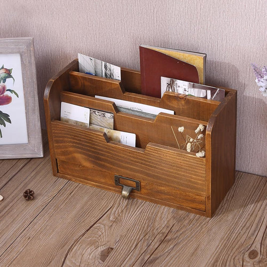 wooden desk tidy organiserWooden Desk Organizer with Drawer, 3-tier Large Capacity Letter Rack, Vintage Mail Organizer, Countertop Letter File Tray with Compartments for Home Office Supplies