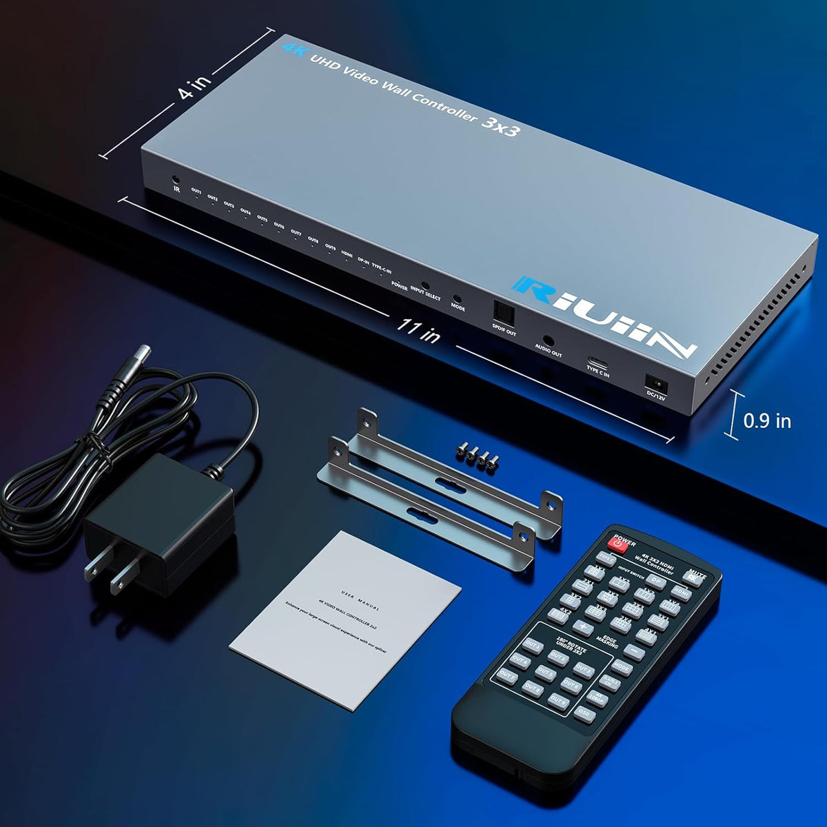 HDMI Video Wall Controller, RIUIIN TV Wall Controller, 4K TV Wall Processor, 180° Rotation, Audio, IR Remote, 2x2,1x2,1x3,1x4,2x1,3x1,4x1, Make 4 tv Screens into Wall Display - PuriLite