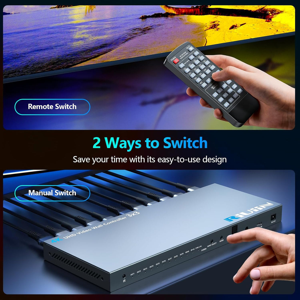 HDMI Video Wall Controller, RIUIIN TV Wall Controller, 4K TV Wall Processor, 180° Rotation, Audio, IR Remote, 2x2,1x2,1x3,1x4,2x1,3x1,4x1, Make 4 tv Screens into Wall Display - PuriLite
