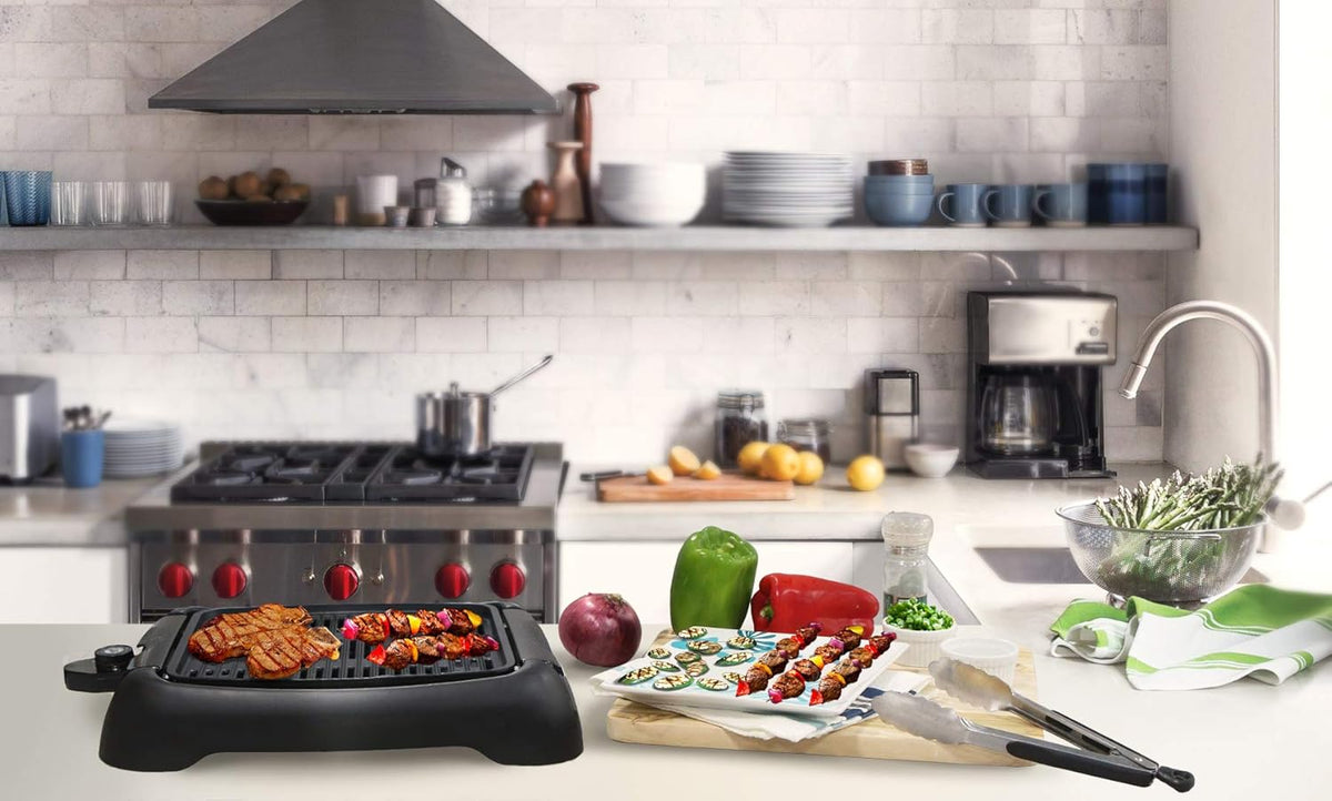 Elite Gourmet EMG6505G Smokeless Indoor Electric BBQ Grill with Glass Lid, Dishwasher Safe, PFOA-Free Nonstick, AdjCatable Temperature, Fast Heat Up, Low-Fat Meals Easy to Clean Design - PuriLite