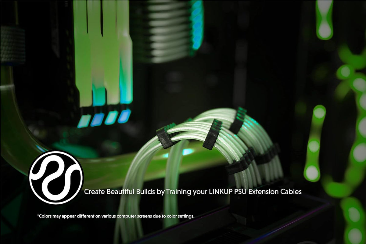 LINKUP - 30cm Super Soft and Flexible PSU Cable Extension Sleeved Custom Mod GPU PC Braided w/Comb Kit | 1 x 24 P (20+4) | 2 x 8 P (4+4) CPU | 2 x 8 P (6+2) GPU Set | 300mm - Blackgreen - PuriLite
