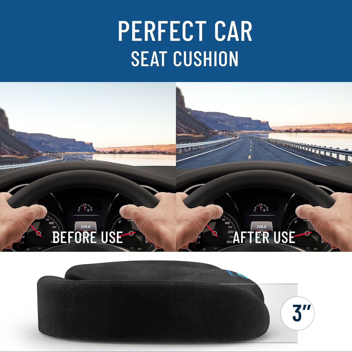 Everlasting Comfort Memory Foam Seat Cushion - Office Chair Cushion for Work, Travel, Car Support Pillow for Driving - Portable Seat for Chairs and Desks - Coussin Chaise - Black - PuriLite