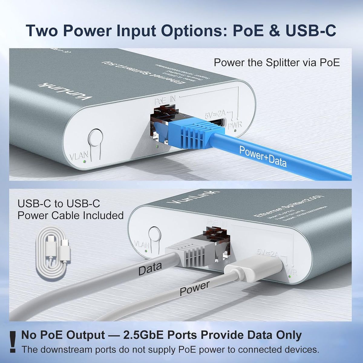 2.5G Ethernet Splitter Switch RJ45, Expand 1 Network Port to 3 Devices VunLink 2500Mbps Network Expander with PoE Input & USB-C Power, VLAN Isolation, Plug and Play for Router, PC, NAS
