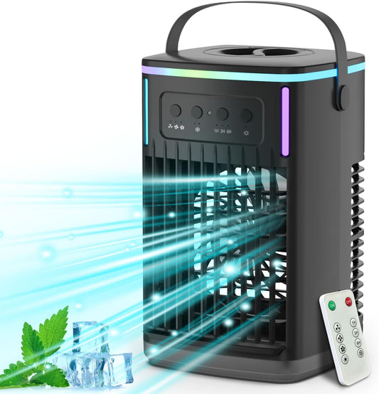 Portable Air Conditioners Fan with Remote, 4-in-1 Portable AC with 1500ml Water Tank, 3 Wind Speeds, 6H Timer, 2 Cool Mist, 7 Lights, Personal Mini Air Conditioner for Room Bedroom Office (Black) - PuriLite