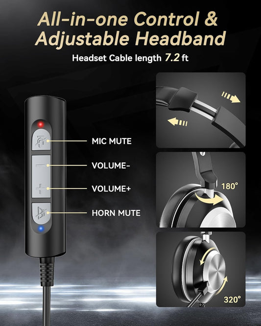 Voistek Computer HeadphonesWired USB C/3.5MM/USB Headset; with Noise Cancelling Microphone & Volume Controls Compatible with PC,Laptop,Mac,iPad,Home,Office,Meeting,Skype,Zoom(882F) - PuriLite