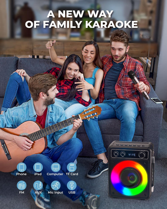 Karaoke Machine, Portable Bluetooth Speaker with 2 Wireless Microphones, PA System for Adults Kids with LED Lights, Supports REC/FM/AUX/USB/TF for Home Party - PuriLite