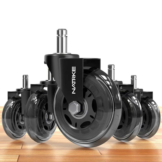 NATRKE Office Chair Wheel Replacement, 11×22 Office Chair Casters, 3" Rubber Caster Wheels for Swivel Chair for All Floors Hardwood Carpet, 5 Pack (Clear) - PuriLite