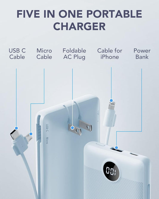 Power Bank Built-in Cables, VRURC 10000mAh Portable Charger USB C, Lightweight Charging Bank Built-in AC Plug, Replacement Battery Compatible with All Kinds of Cellphones, Tablet etc-Blue - PuriLite