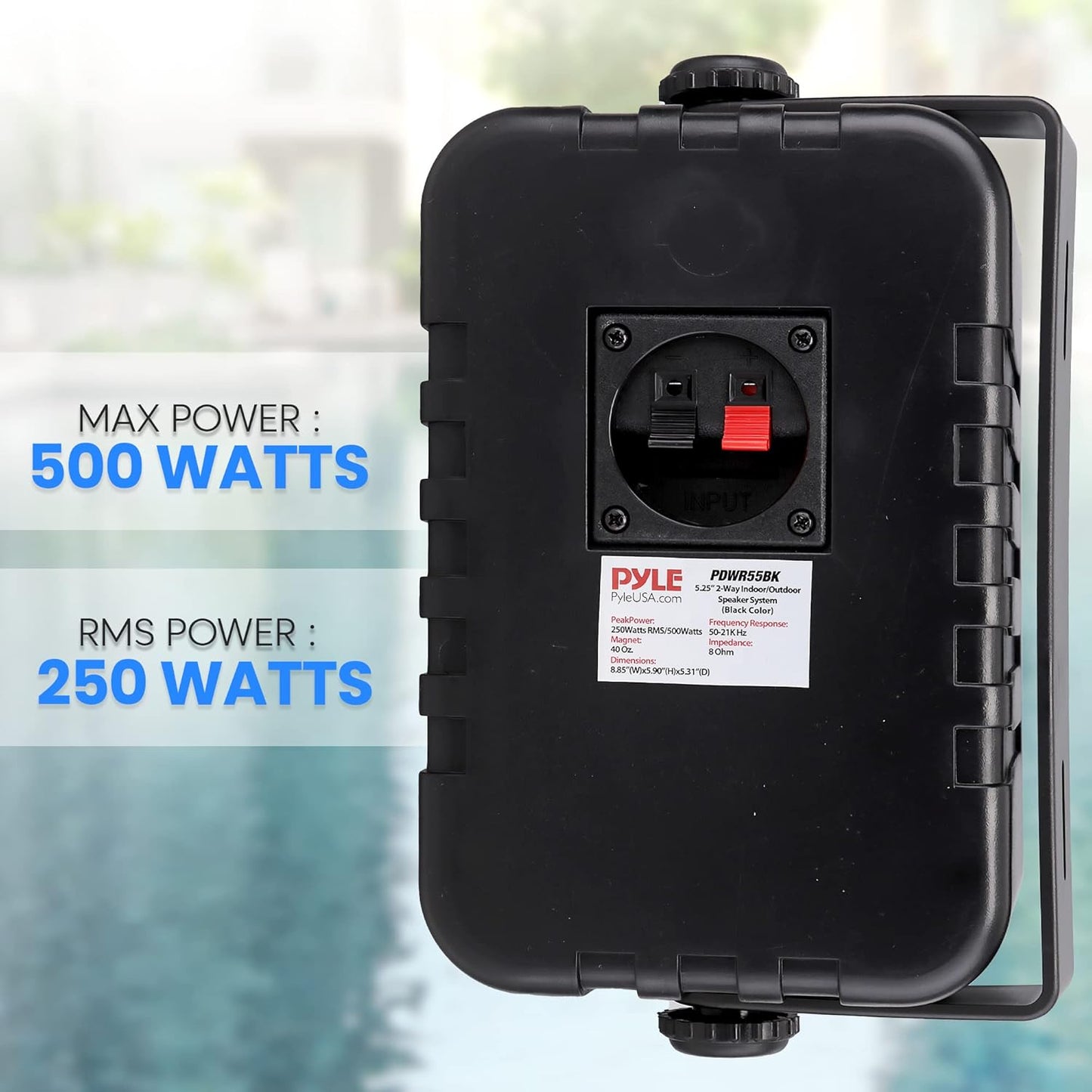 Pyle Indoor Outdoor Speakers Pair - 500 Watt Dual Waterproof 5.25” 2-Way Full Range Speaker System w/ 1/2” High Compliance Polymer Tweeter - in-Home, Boat, Marine, Deck, Patio, Poolside (Black) - PuriLite