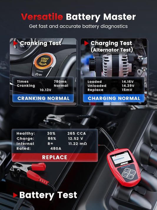 12V Digital Car Battery Tester with Alternator and Cranking Analysis, Automotive Battery Diagnostic Tool for Cars, Trucks, RVs, Boats, and Marine Vehicles - PuriLite