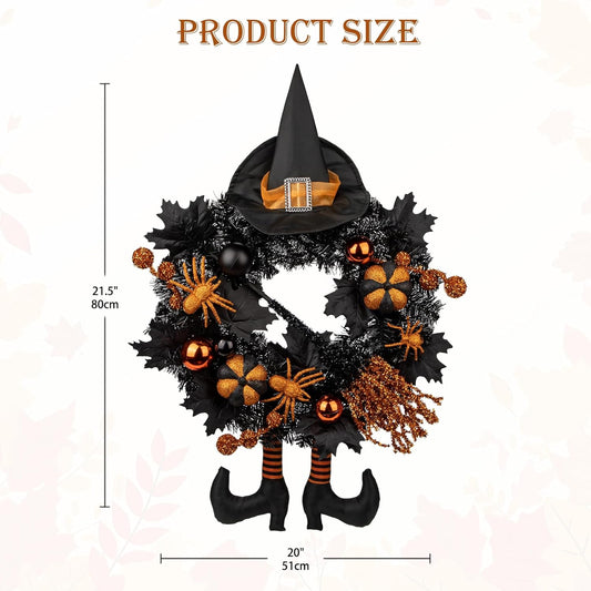Arborus Halloween Wreath for Front Door 20in Tinsel Black Witch Wreath with Hat Legs and Orange Pumpkin for Fall Autumn Indoor Window Door Thanksgiving Halloween Decorations - PuriLite