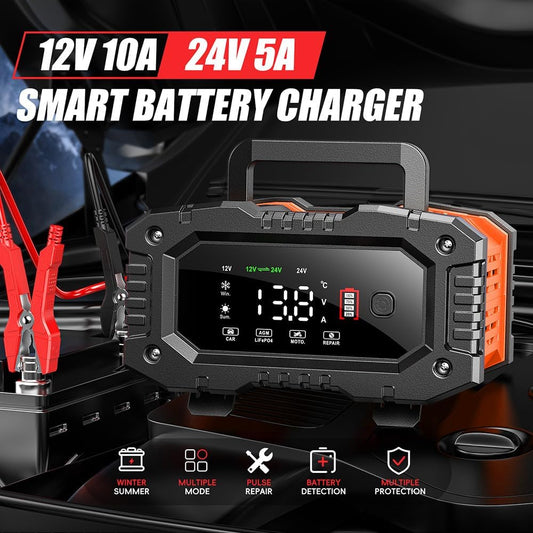 IRICO Multi-Stage Smart Battery Charger for Lithium-ion, LifePo4, AGM, Gel, SLA, Wet, EFB, Deep Cycle Batteries, with Repair Feature. Charge at 12V, 10A or 24V, 5A (12V 10A) - PuriLite