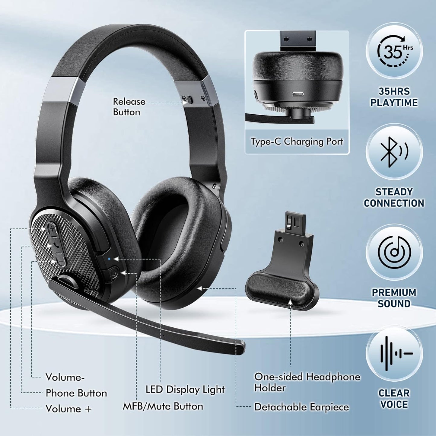 Trucker Bluetooth Headset, Wireless Headsets with Noise Cancelling Microphone, 40+Hrs HD Talktime Bluetooth Headphones with Detachable Earpad/Single+Dual Mode for Office/Driving/Home - PuriLite