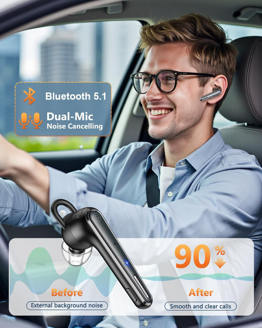 Bluetooth Headset V5.1 Bluetooth Earpiece with 500mAh Charging Case ENC Noise Canceling Mic, LED Battery Display Hands-Free Single-Ear Earbud for Cell Phone Business Calls - PuriLite