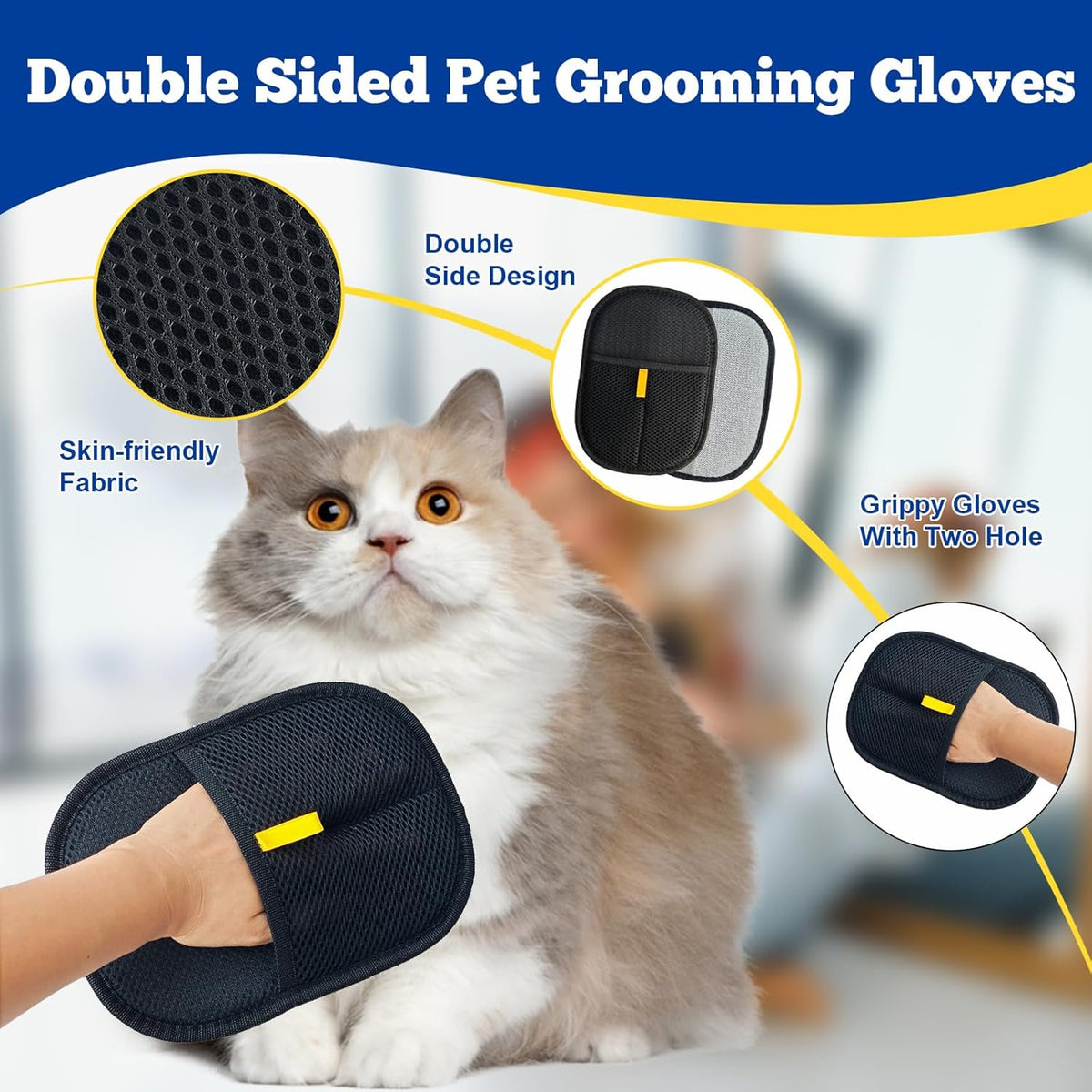 2 Pack Pet Hair Removal Gloves,Double Sided Cat Grooming Glove,Static Removal Gloves for Dogs & Cats,Reusable Deshedding Pet Glove for Furniture,Bed,Carpet,Clothes,Sofa - PuriLite