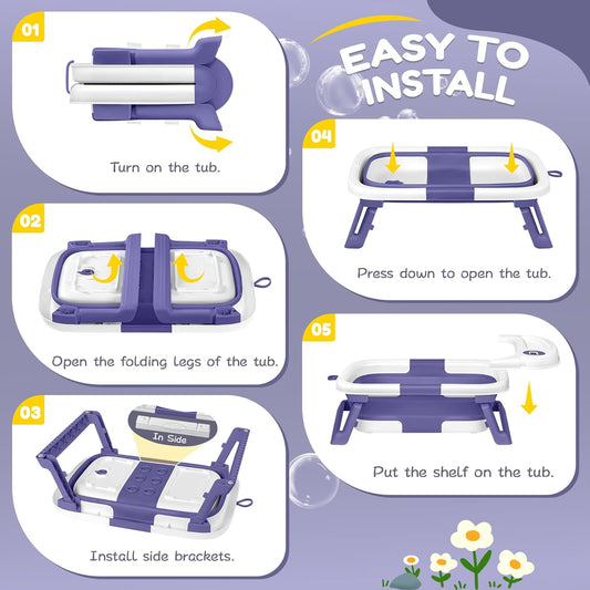 Collapsible Baby Bathtub,Baby Bath Tub with Thermometer & Soft Cushion,Baby Bathtub for Newborn to Toddler 0-36 Months,Portable Travel Baby Tub with No-Slip Feet,Baby Shower Gifts,Lavender - PuriLite